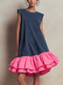 Navy Blue Sleeveless Bright Pink Layered Ruffled Loose Mini Dress