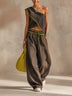 Brown Asymmetrical One-shoulder Top And Wide-leg Pants Two-piece Set
