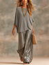Relaxed Charcoal Gray Knit Top And Shiny Wide-leg Pants Set