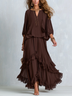 Brown Chiffon Tassel Drawstring V-neck Top Paired With A Ruffled Layered Skirt Set