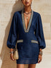 Navy Blue Deep V-neck Puff Sleeve Gold Trim Mini Dress
