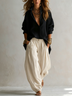 Black Loose Shirt And Beige Wide-leg Lantern Pants Suit