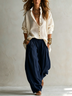 Cream Loose Shirt And Navy Wide-leg Lantern Pants Suit