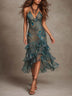 Vintage Peacock Print Chiffon Halter Neck Layered Ruffle Midi Dress