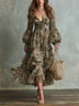Vintage Green Floral Chiffon Lantern Sleeve Layered Midi Dress