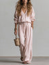 Pink V-neck Loose Shirt And High-waisted Wide-leg Pants Set