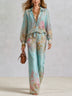 Baroque Blue Floral Shirt And High-waisted Wide-leg Pants Suit