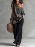 Off-the-shoulder Black White Printed Top And Black Pleated Wide-leg Pants Suit(without belt)