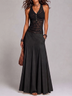 Black Lace Vest And Pleated A-line Maxi Skirt Two-piece Set(with belt)