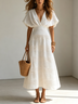 White Cross-over V-neck Batwing Sleeve A-line Pleated Midi Dress