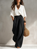 White Batwing Sleeve V-neck Loose Top And Pleated Wide-leg Pants Suit
