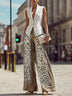 White Sleeveless Top And Brown Leopard Print Wide-leg Pants Suit
