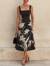 Black Wide-shouldered Square Neck Floral Print A-line Midi Dress