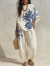 White Blue Botanical Print Top And Loose-fitting Lantern Pants Set