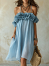 Blue Off-the-shoulder Ruffled Floral-embellished Flowy Chiffon Midi Dress
