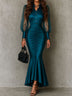 Elegant Teal Sheer Puff-sleeve Satin Ruched Mermaid Maxi Dress