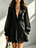 Black Ruffled V-neck Lantern Sleeve Chiffon Mini Dress