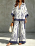 White Blue V-neck Ocean Floral Print Top And Wide-leg Pants Set