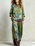 Bohemian Green Floral Print Shirt And Drawstring Wide-leg Pants Suit