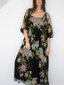 Black Chiffon Floral Mid-sleeve Square Neck Maxi Dress