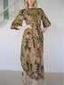 Green Palm Tree pPuff Sleeve Maxi Dress (with belt)