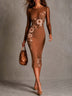 Brown Sheer Slim-Fit Midi Pencil Dress With Floral and Polka-Dot Print