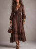 Brown Puff-sleeved V-neck Lace-trimmed Midi Dress