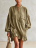Olive Green Puff Sleeve Ruffled Hem Shirt Mini Dress