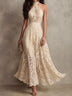 Beige Halter Neck Floral Lace Maxi Dress