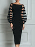 Black Off-shoulder Striped Mesh Puff Sleeve Velvet Pencil Midi Dress