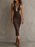 Brown And White Ribbed Half-zip Collar Midi Dress