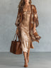 Brown Geometric Print Cardigan Paired With Champagne Satin Midi Dress Suit
