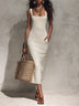 White Minimalist Faux Linen Midi Dress With Pocket Details
