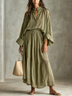 Olive Green Loose-fitting Stand-up Collar Shirt And Elastic Waist Skirt Suit