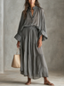 Gray Loose-fitting Stand-up Collar Shirt And Elastic Waist Skirt Suit