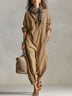 Khaki Collared Button-down Loose Jumpsuit