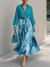 Blue Shirt And Belted Ink-print Flowing Skirt Set