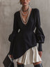 Black V-neck Knit Top And White Pleated Skirt Set