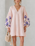 Pink V-neck Floral Print Mini Dress With Lantern Sleeves