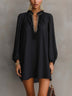 Black Long-sleeve Mini Dress With Ruffled V-neck Trim