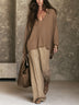Brown Long-sleeved V-neck Top And Khaki Wide-leg Pants Set