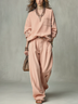 Dusty Pink Loose-fit Crew-neck Sweatshirt And High-waisted Pleated Wide-leg Trousers Set(Belt not included)