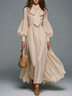Beige Long-sleeve Maxi Dress With Elastic Waist And Detachable Bow Tie