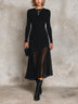 Black Ribbed Long-sleeve Midi Dress With Sheer Lace Hem Paneling