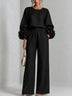 Black Top Featuring Striking Floral Cuffs Paired With Wide-leg Pants Suit
