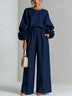 Navy Top Featuring Striking Floral Cuffs Paired With Wide-leg Pants Suit