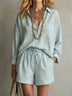Dusty Blue Loose-fit Casual Shirt And Drawstring Shorts Set