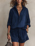 Navy Loose-fit Pocket Shirt And Drawstring Shorts Set