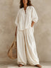 White V-neck Puff-sleeve Top And Drawstring Wide-leg Pants Set