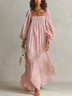 Pink Square-neck Pleated Maxi Dress With Lantern Sleeves
